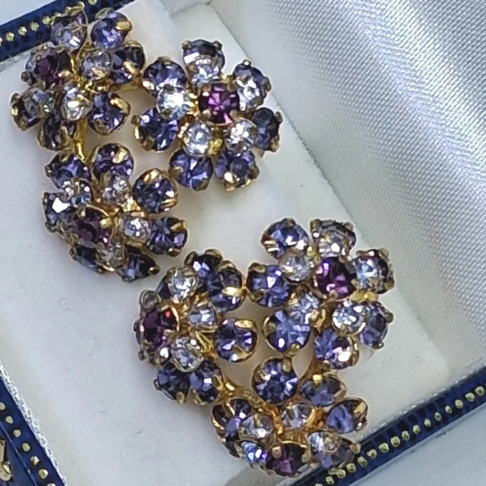 * Vintage Purple Austrian Crystal Flower Cluster Clip On Earrings